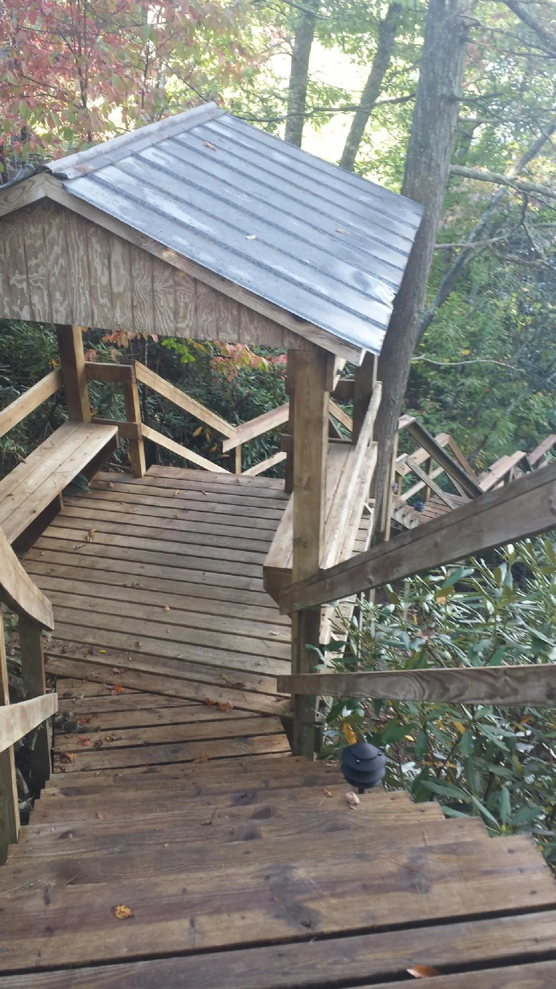 Metal roofed shelter over wooden steps on a wooded walkway — Skylight Repair & Installation work by our crew in Red Bluff